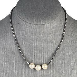 Lucas Lameth Choker Necklace Pearl with Sparkly Silver Faceted Beads